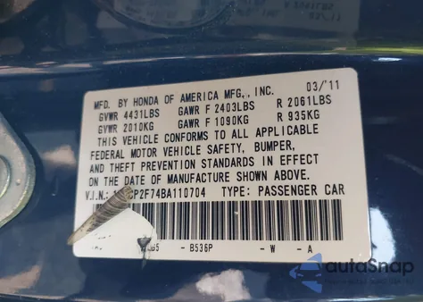 2011 Honda Accord 2.4 Ex z USA, uszkodzony, nr VIN 1HGCP2F74BA110704